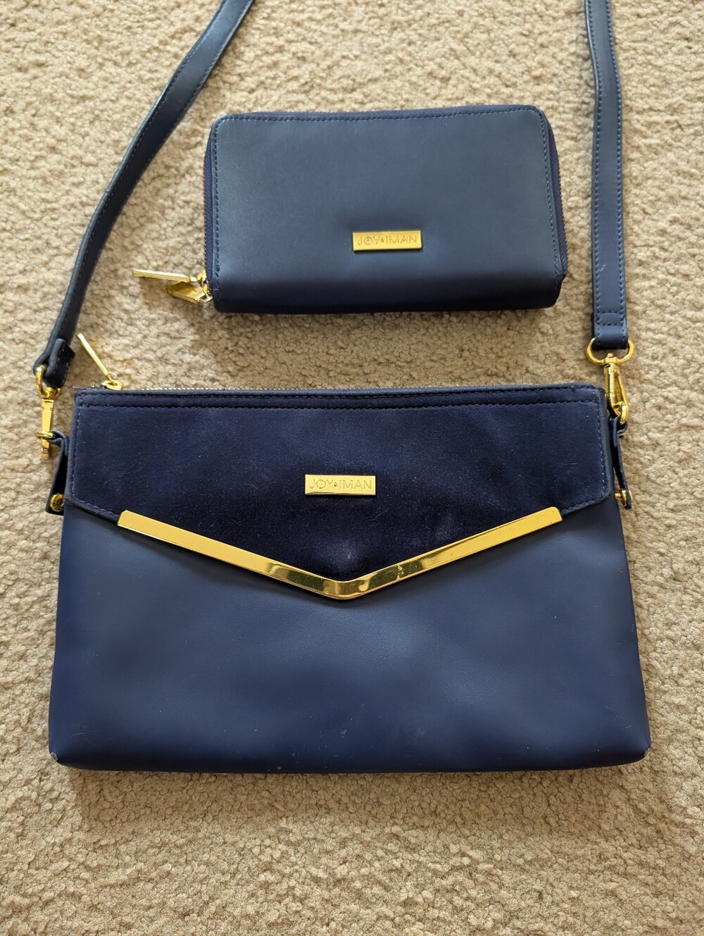 Joy & Iman Navy Crossbody with Matching Wallet and Gold Accents